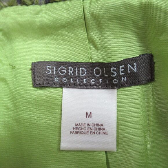 SIGRID OLSEN Jacket Medium Green Tweed Check Velvet Ribbon Belt Vintage Y2K - Picture 2 of 11